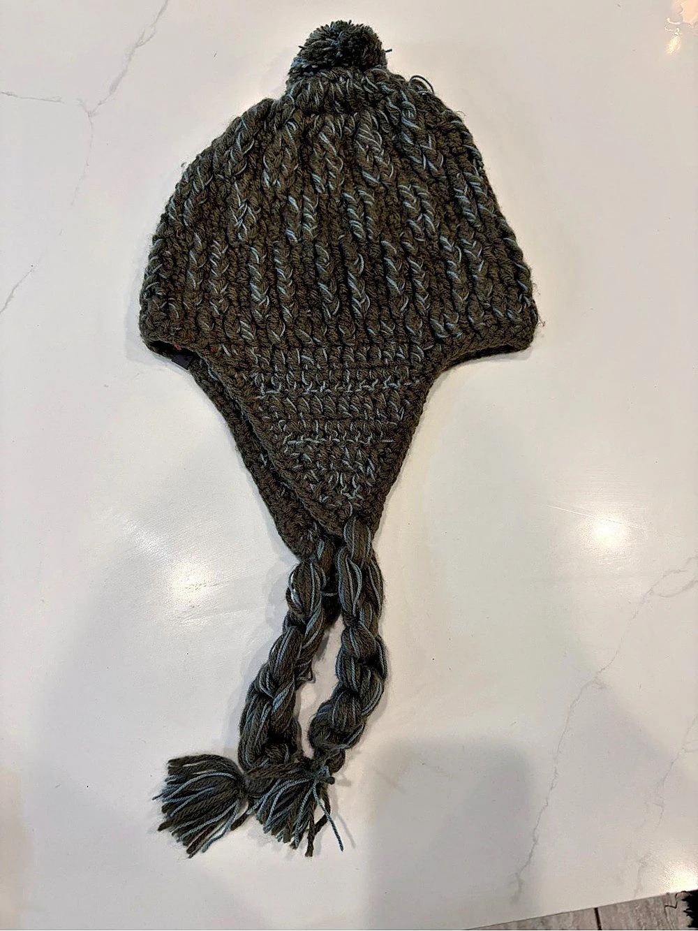 Pistil Knit Ear Flap Hat with Braided Ties in Brown & Gray